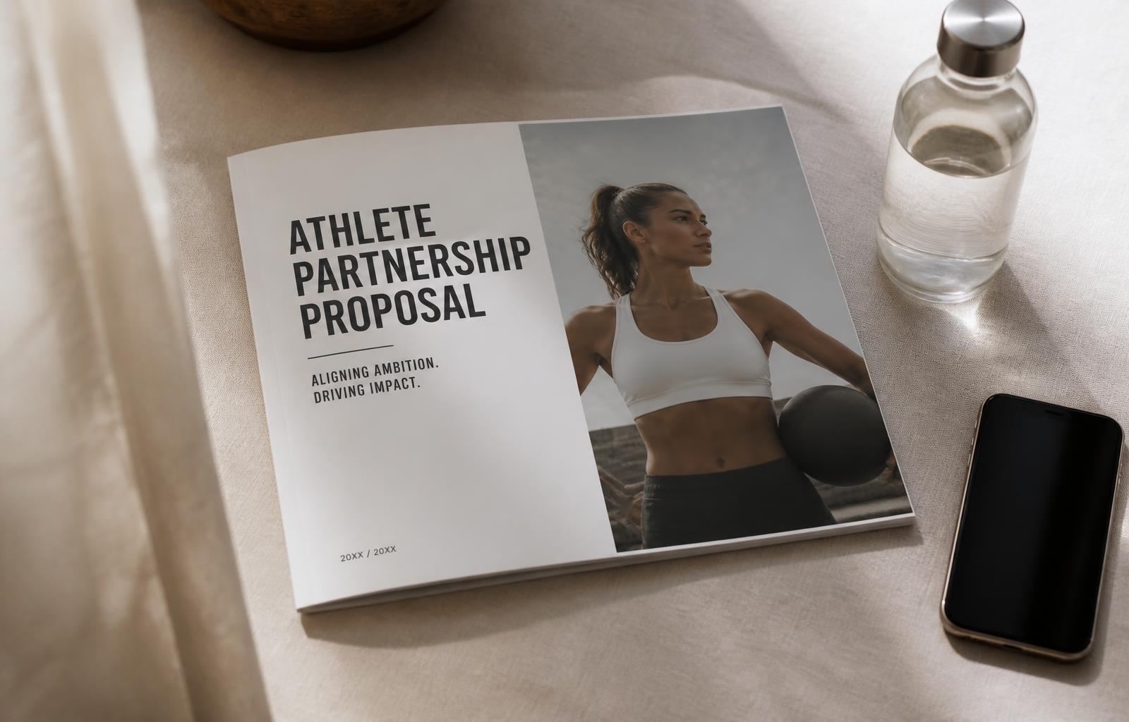 A printed athlete partnership proposal on a linen desk beside a phone and water bottle