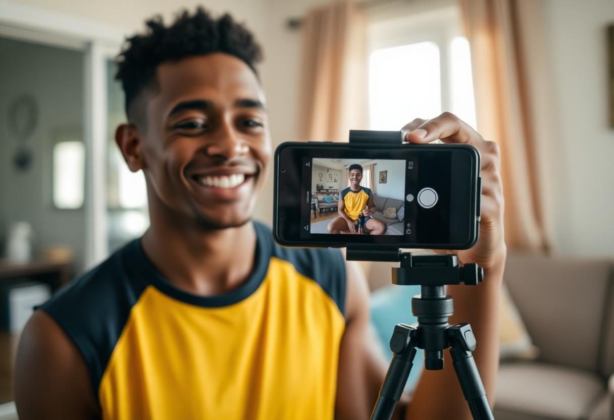 Athlete recording a short social video on a phone