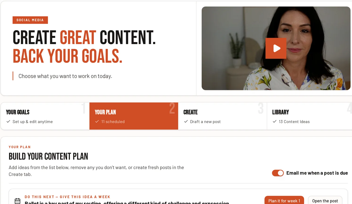 The Social Media screen in Known, showing a content plan with scheduled posts across weeks
